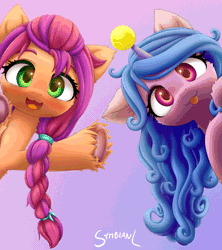 Size: 622x700 | Tagged: safe, artist:symbianl, artist:szafir87, derpibooru import, edit, izzy moonbow, sunny starscout, my little pony: a new generation, 60 fps, :3, :p, animated, ball, blushing, g5, gif, horn, hornball, image, looking at you, tennis ball, tongue out, waving
