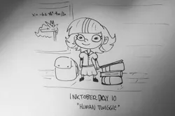 Size: 3120x2066 | Tagged: safe, artist:tjpones, derpibooru import, princess celestia, twilight sparkle, human, backpack, book, child, grayscale, humanized, image, inktober, inktober 2021, monochrome, png, poster, solo, traditional art, twiggie, younger