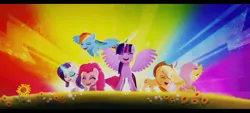 Size: 2400x1080 | Tagged: safe, derpibooru import, screencap, applejack, fluttershy, pinkie pie, rainbow dash, rarity, twilight sparkle, twilight sparkle (alicorn), alicorn, earth pony, pegasus, pony, unicorn, my little pony: a new generation, spoiler:g5, spoiler:my little pony: a new generation, applejack's hat, cowboy hat, cute, dashabetes, diapinkes, eyes closed, female, g5, hat, image, jackabetes, jpeg, magic, mane six, mare, open mouth, raribetes, shyabetes, spread wings, telekinesis, twiabetes, wings