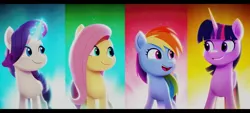 Size: 2400x1080 | Tagged: safe, derpibooru import, screencap, fluttershy, rainbow dash, rarity, twilight sparkle, twilight sparkle (alicorn), alicorn, pegasus, pony, unicorn, my little pony: a new generation, spoiler:g5, spoiler:my little pony: a new generation, cute, dashabetes, female, g5, grin, image, jpeg, magic, mare, open mouth, open smile, raribetes, shyabetes, smiling, telekinesis, twiabetes