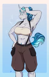 Size: 905x1422 | Tagged: safe, artist:blackblood-queen, derpibooru import, oc, oc:bubble lee, unofficial characters only, anthro, pony, unguligrade anthro, unicorn, abs, alternate hairstyle, alternate universe, anthro oc, breasts, clothes, digital art, disguise, disguised changeling, dressuptober, dressuptober2021, female, freckles, horn, image, mare, png, solo, sweat, unicorn oc