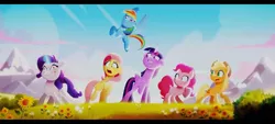 Size: 2400x1080 | Tagged: safe, derpibooru import, screencap, applejack, fluttershy, pinkie pie, rainbow dash, rarity, twilight sparkle, twilight sparkle (alicorn), alicorn, earth pony, pegasus, pony, unicorn, my little pony: a new generation, spoiler:g5, spoiler:my little pony: a new generation, applejack's hat, cowboy hat, female, flying, g5, grin, hat, image, jpeg, magic, mane six, mare, smiling, spread wings, sproutity, telekinesis, wings