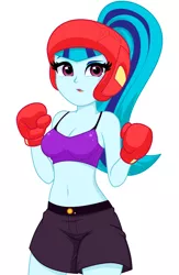 Size: 980x1501 | Tagged: safe, artist:rosemile mulberry, derpibooru import, sonata dusk, equestria girls, belly button, boxing gloves, breasts, busty sonata dusk, cleavage, clothes, female, image, midriff, open mouth, png, ponytail, shorts, simple background, solo, sports bra, white background