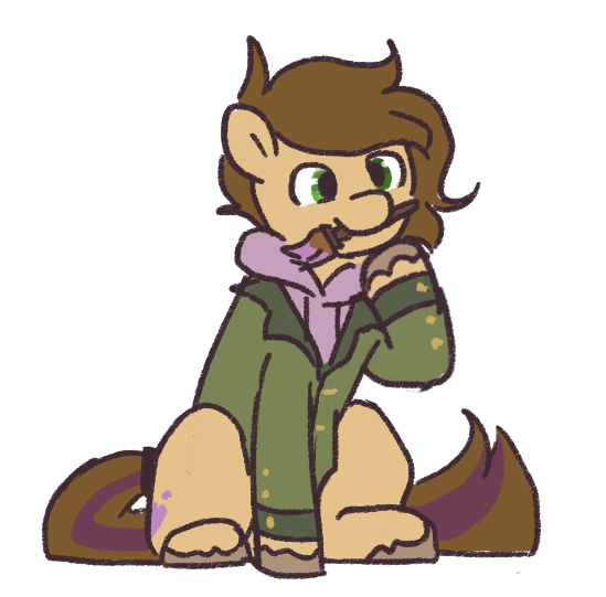 Size: 549x541 | Tagged: safe, artist:amé#8830, derpibooru import, oc, oc:cj vampire, earth pony, pony, bomber jacket, brown mane, brown tail, clothes, fanart, green eyes, holding, holding brush, hoodie, image, jacket, looking at you, photo, png, purple hoodie, sitting, solo, tail