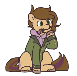 Size: 549x541 | Tagged: safe, artist:amé#8830, derpibooru import, oc, oc:cj vampire, earth pony, pony, bomber jacket, brown mane, brown tail, clothes, fanart, green eyes, holding, holding brush, hoodie, image, jacket, looking at you, photo, png, purple hoodie, sitting, solo, tail