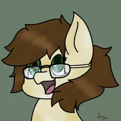 Size: 800x800 | Tagged: safe, artist:lux-ful, derpibooru import, oc, oc:cj vampire, earth pony, pony, brown mane, bust, fanart, glasses, green eyes, image, looking at you, open mouth, photo, png, portrait, smiling, smiling at you, solo