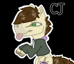 Size: 370x320 | Tagged: safe, artist:captainjellybean#4697, derpibooru import, oc, oc:cj vampire, earth pony, pony, art trade, bomber jacket, brown mane, brown tail, clothes, cute mark, fanart, glasses off, green eyes, hoodie, hooves up, image, jacket, photo, png, pounce, purple hoodie, solo, tail, tongue out