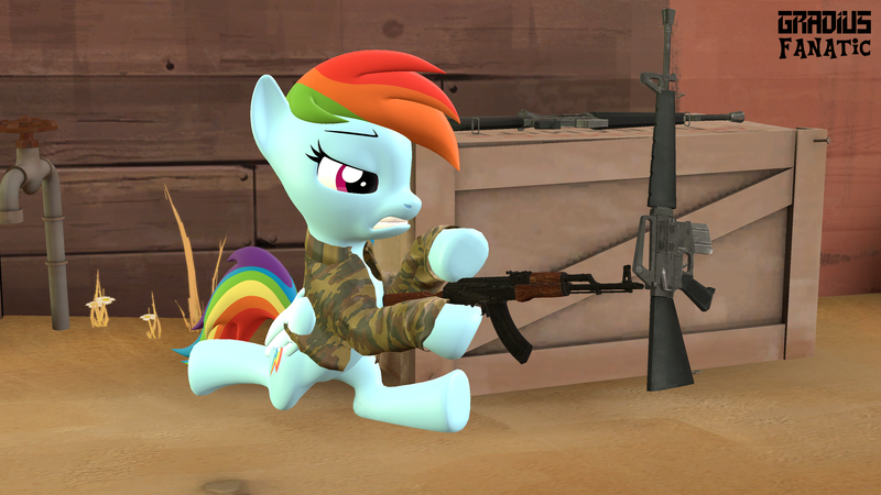 Size: 3413x1920 | Tagged: safe, artist:gradiusfanatic, derpibooru import, rainbow dash, pegasus, pony, 3d, ak-47, assault rifle, female, gun, image, m-16, png, rifle, source filmmaker, weapon