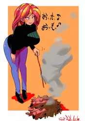 Size: 1400x2000 | Tagged: safe, artist:sozglitch, derpibooru import, sunset shimmer, human, big breasts, breasts, busty sunset shimmer, clothes, cooking, female, image, japanese, jeans, jpeg, leaf pile, leaves, moon runes, pants, smoke, solo, stick, sweater