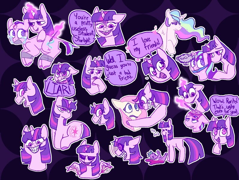 Size: 1037x781 | Tagged: semi-grimdark, artist:melodymelanchol, derpibooru import, fluttershy, princess celestia, spike, starlight glimmer, twilight sparkle, pony, abuse, brain, crying, dead, gag, glimmerbuse, image, jpeg, organs, smiling, speech bubble, text