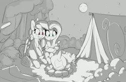 Size: 3871x2528 | Tagged: safe, artist:pabbley, derpibooru import, fluttershy, rainbow dash, pegasus, pony, campfire, camping, duo, female, fire, food, full moon, hoof hold, image, jpeg, mare, marshmallow, monochrome, moon, neo noir, night, partial color, roasted marshmallow, roasting marshmallows, sitting, tent