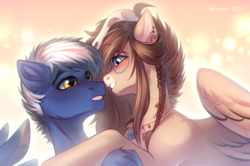 Size: 3200x2121 | Tagged: safe, artist:fenwaru, derpibooru import, oc, oc:maverick, oc:ondrea, oc:squall splitter, pegasus, about to kiss, blushing, cuddling, cute, eye contact, hold, image, looking at each other, looking into eyes, png, ship, skull, unshorn fetlocks