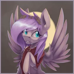 Size: 3000x3000 | Tagged: safe, artist:phi, derpibooru import, oc, unofficial characters only, pegasus, absurd resolution, cape, clothes, gritted teeth, halo, image, laurel wreath, not fluttershy, png, simple background, solo, spread wings, wings