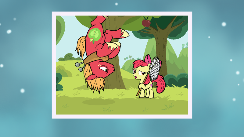 Size: 1136x640 | Tagged: safe, artist:sunsetshimmertrainz1, derpibooru import, apple bloom, big macintosh, earth pony, pony, going to seed, apple, apple tree, big macintosh is not amused, brother and sister, duo, female, filly, food, image, male, png, siblings, stallion, trap (device), tree, upside down