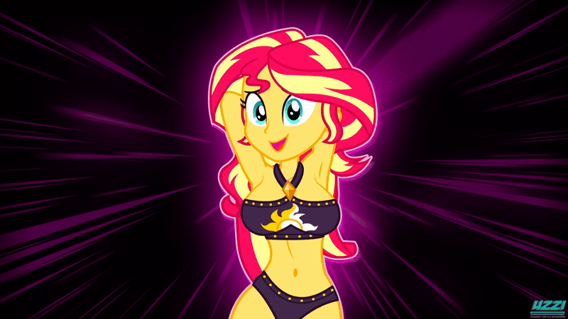 Size: 1066x600 | Tagged: suggestive, artist:uzzi-ponydubberx, derpibooru import, sunset shimmer, equestria girls, 2 phút hon, adorable face, adorkable, animated, arm behind head, armpits, belly button, big breasts, bikini, breasts, busty sunset shimmer, clothes, cute, cutie mark, dancing, dork, female, gif, hair ornament, hips, image, legs, looking at you, loop, me!me!me!, open mouth, perfect loop, seizure warning, shimmerbetes, smiling, smiling at you, solo, solo female, stupid sexy sunset shimmer, swaying hips, swimsuit, swinging breasts, trace, zero two (darling in the franxx)