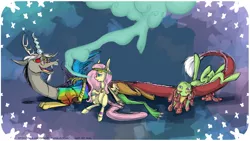 Size: 2133x1200 | Tagged: safe, artist:lonerdemiurge_nail, derpibooru import, discord, fluttershy, tree hugger, draconequus, earth pony, pony, bloodshot eyes, clothes, female, glasses, hippieshy, image, implied drug use, jewelry, male, mare, necklace, peace symbol, png, shirt, smoke, t-shirt, trio
