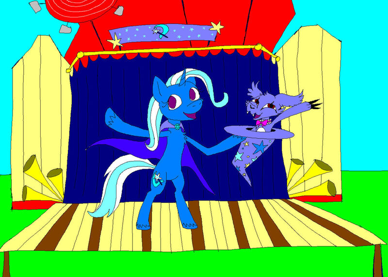 Size: 1280x914 | Tagged: safe, artist:red5rainbow, derpibooru import, trixie, pony, unicorn, bipedal, cape, clothes, crossover, digimon, female, gazimon, hat, image, jpeg, performance, trixie's cape, trixie's hat