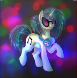 Size: 1420x1440 | Tagged: safe, artist:moonsun, derpibooru import, vinyl scratch, pony, unicorn, chromatic aberration, digital art, error, eyestrain warning, female, glasses, glitch, headphones, horn, image, jpeg, mare, open mouth, open smile, raised hoof, smiling, solo