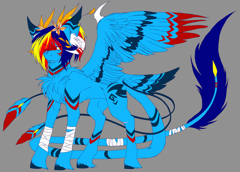 Size: 960x688 | Tagged: safe, artist:primarylilybrisk, derpibooru import, oc, oc:primarylily brisk, unofficial characters only, pegasus, pony, chest fluff, claws, coat markings, colored, colored wings, fangs, flat colors, gradient background, horn, image, male, png, slit pupils, solo, spread wings, stallion, tail, tail feathers, wing claws, wings