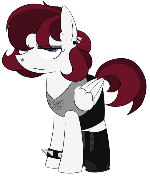 Size: 3400x4000 | Tagged: safe, artist:pencilsparkreignited, derpibooru import, oc, oc:maxwell striker, unofficial characters only, pegasus, pony, band merch, black skirt, blue eyes, boots, clothes, combat boots, ear piercing, eyeshadow, female, gauges, image, makeup, mare, maroon mane, metal, nose piercing, nose ring, piercing, png, punk, reference sheet, shoes, simple background, spike bracelet, teenager, transparent background, two toned mane, white coat