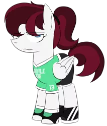 Size: 3400x4000 | Tagged: safe, alternate version, artist:pencilsparkreignited, derpibooru import, oc, oc:maxwell striker, unofficial characters only, pegasus, pony, alternate hairstyle, blue eyes, cleets, clothes, female, football, futbol, gloves, goalie, goalkeeper, gym shorts, image, jersey, mare, maroon mane, png, ponytail, sports, teenager, two toned mane, uniform, white coat