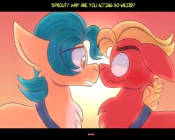 Size: 3000x2400 | Tagged: safe, artist:saveraedae, derpibooru import, hitch trailblazer, sprout cloverleaf, earth pony, pony, my little pony: a new generation, blushing, chest fluff, dialogue, g5, gay, hitchsprout, image, male, nose to nose, png, shipping, stupid sexy hitch trailblazer