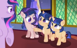 Size: 2168x1356 | Tagged: safe, artist:moonnightshadow-mlp, derpibooru import, twilight sparkle, twilight sparkle (alicorn), oc, oc:nova flow, oc:skylight sparkle, oc:starglow sentry, alicorn, pegasus, pony, unicorn, female, filly, image, offspring, parent:flash sentry, parent:twilight sparkle, parents:flashlight, png