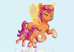 Size: 2048x1444 | Tagged: safe, artist:pucksterv, derpibooru import, sunny starscout, earth pony, pony, spoiler:g5, artificial wings, augmented, fake wings, female, filly, g5, image, jpeg, magic, magic wings, one eye closed, running, wings, wink