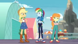 Size: 3410x1920 | Tagged: safe, derpibooru import, screencap, applejack, megan williams, rainbow dash, equestria girls, equestria girls series, rollercoaster of friendship, applejack's hat, belt, boots, clothes, cowboy boots, cowboy hat, crossed arms, cutie mark, cutie mark on clothes, denim skirt, female, geode of super speed, geode of super strength, hand on hip, hat, high res, image, jewelry, jpeg, magical geodes, necklace, shoes, skirt, smiling, sneakers