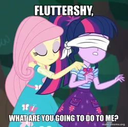 Size: 695x691 | Tagged: safe, derpibooru import, edit, edited screencap, screencap, fluttershy, sci-twi, twilight sparkle, equestria girls, equestria girls series, stressed in show, blindfold, caption, cropped, image, image macro, png, text