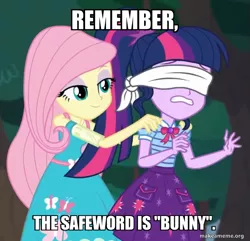 Size: 699x675 | Tagged: suggestive, derpibooru import, edit, edited screencap, screencap, fluttershy, sci-twi, twilight sparkle, equestria girls, equestria girls series, stressed in show, blindfold, caption, cropped, image, image macro, implied sex, png, text
