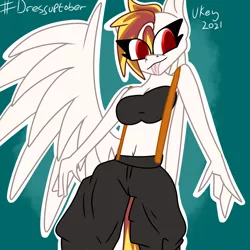 Size: 1280x1280 | Tagged: safe, artist:ukedideka, derpibooru import, oc, oc:lumen afterglow, unofficial characters only, anthro, pegasus, belly button, clothes, eye clipping through hair, female, image, png, simple background, smiling, solo, tongue out, wings