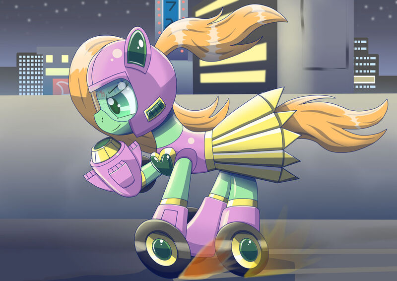 Size: 1280x906 | Tagged: safe, artist:trackheadtherobopony, derpibooru import, oc, oc:goldheart, unofficial characters only, pony, robot, robot pony, city, hoof cannon, image, jpeg, skating, solo