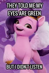 Size: 800x1196 | Tagged: safe, derpibooru import, edit, pipp petals, pegasus, pony, caption, exploitable meme, eyebrows, female, g5, i didn't listen, image, image macro, jpeg, mare, meme, open mouth, open smile, purple mane, purple tail, raised hoof, red eyes, smiling, solo, spread wings, tail, text, unshorn fetlocks, wings