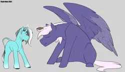 Size: 4852x2793 | Tagged: safe, artist:flash note, derpibooru import, oc, oc:moon shield, oc:swift note, pegasus, unicorn, brush, brushies, brushing, image, magic, png, size difference