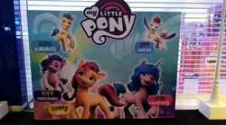 Size: 4032x2240 | Tagged: safe, derpibooru import, photographer:horsesplease, hitch trailblazer, izzy moonbow, pipp petals, sunny starscout, zipp storm, g5, image, jpeg, malaysia, mane five (g5), my little pony logo, shopping mall, toys r us