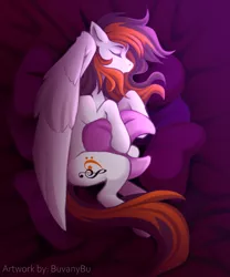 Size: 5906x7087 | Tagged: safe, artist:buvanybu, derpibooru import, oc, oc:rainy sky, unofficial characters only, pegasus, pony, bed, bedsheets, commission, female, hug, image, mare, pillow, pillow hug, png, sleeping, solo, wings, ych result