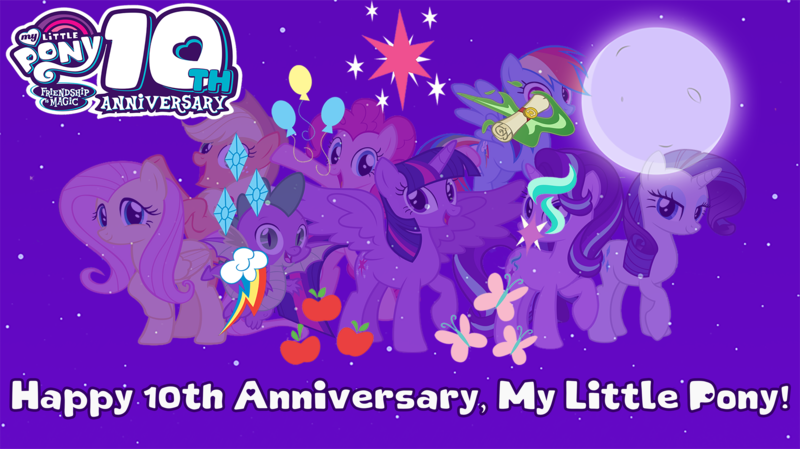 Size: 5360x3008 | Tagged: safe, artist:andoanimalia, artist:btnf1998, artist:estories, derpibooru import, edit, vector edit, applejack, fluttershy, pinkie pie, rainbow dash, rarity, spike, starlight glimmer, twilight sparkle, twilight sparkle (alicorn), alicorn, dragon, 10, anniversary, background, cutie mark, cutie mark background, happy birthday mlp:fim, image, logo, mane seven, mane six, mlp10, mlp fim's tenth anniversary, png, vector, winged spike, wings