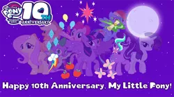 Size: 5360x3008 | Tagged: safe, artist:andoanimalia, artist:btnf1998, artist:estories, derpibooru import, edit, vector edit, applejack, fluttershy, pinkie pie, rainbow dash, rarity, spike, starlight glimmer, twilight sparkle, twilight sparkle (alicorn), alicorn, dragon, 10, anniversary, background, cutie mark, cutie mark background, happy birthday mlp:fim, image, logo, mane seven, mane six, mlp10, mlp fim's tenth anniversary, png, vector, winged spike, wings