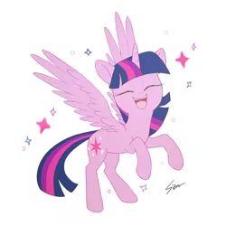 Size: 1000x1000 | Tagged: safe, artist:sion, derpibooru import, twilight sparkle, twilight sparkle (alicorn), alicorn, pony, cute, eyes closed, female, image, mare, open mouth, png, ponytober, simple background, smiling, solo, spread wings, twiabetes, white background, wings