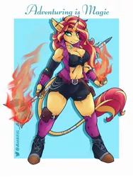 Size: 1800x2400 | Tagged: safe, artist:ambris, derpibooru import, sunset shimmer, anthro, unicorn, adventuring is magic, equestria girls, breasts, busty sunset shimmer, cleavage, clothes, dungeons and dragons, ear piercing, female, fiery shimmer, fire, image, jpeg, magic staff, muscles, muscular female, pen and paper rpg, piercing, pouch, redraw, rpg, shoes, shorts, socks, sorcerer, vest