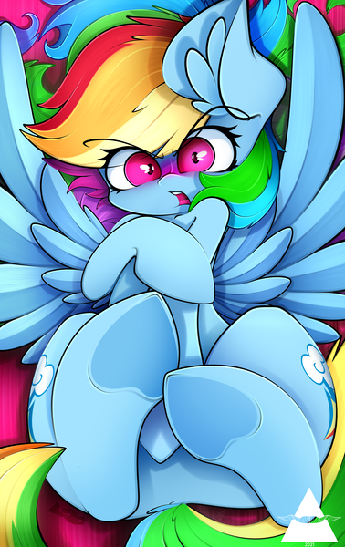 Size: 2894x4592 | Tagged: safe, artist:ahekao, derpibooru import, rainbow dash, pegasus, pony, angry, blushing, covering, embarrassed, female, image, lying down, on back, png, solo, underhoof