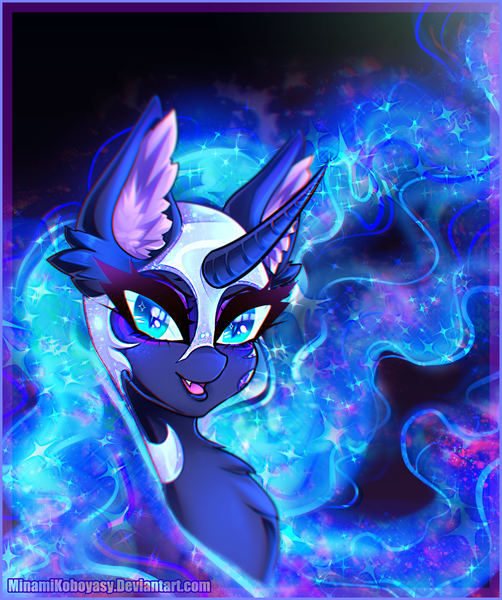 Size: 2039x2438 | Tagged: safe, artist:minamikoboyasy, derpibooru import, nightmare moon, alicorn, pony, bust, curved horn, ear fluff, ethereal mane, female, horn, image, png, portrait, solo