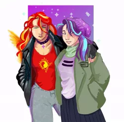 Size: 865x850 | Tagged: safe, artist:xaotl, derpibooru import, starlight glimmer, sunset shimmer, human, choker, clothes, female, humanized, image, jacket, jeans, jpeg, lesbian, pants, partial background, shimmerglimmer, shipping, shirt, tumblr nose