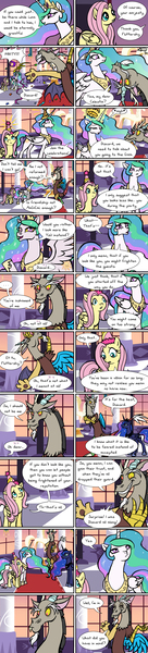 Size: 998x4389 | Tagged: safe, artist:vaiya, derpibooru import, discord, fluttershy, princess celestia, princess luna, alicorn, draconequus, pegasus, pony, comic, dialogue, female, image, jpeg, male, mare