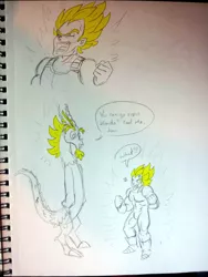 Size: 768x1024 | Tagged: safe, artist:vaiya, derpibooru import, discord, draconequus, human, crossover, dragon ball z, image, jpeg, male, partial color, traditional art, vegeta