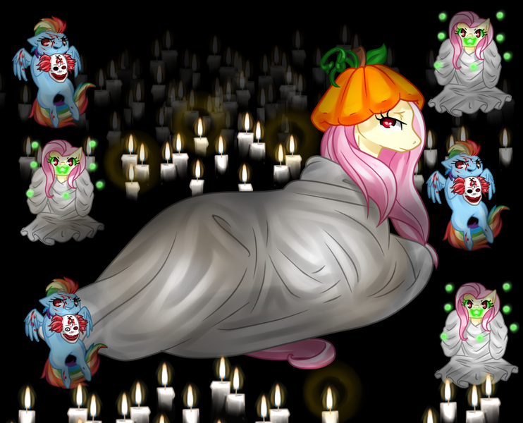 Size: 883x714 | Tagged: safe, artist:dedonnerwolke, derpibooru import, fluttershy, rainbow dash, pegasus, pony, candle, chibi, female, hat, image, mare, png, pumpkin