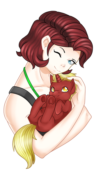 Size: 460x854 | Tagged: safe, artist:dedonnerwolke, derpibooru import, oc, oc:firebrand, oc:ink rose, human, pony, unicorn, bust, female, holding a pony, horn, humanized, image, male, one eye closed, png, simple background, smikling, solo, stallion, underhoof, unicorn oc, white background, wink