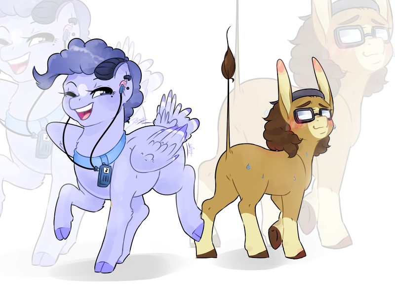 Size: 2100x1528 | Tagged: safe, artist:dedonnerwolke, derpibooru import, oc, oc:tranquil feather, oc:wandering mind, unofficial characters only, donkey, goat, goat pony, pegasus, pony, blushing, cloven hooves, earbuds, glasses, image, music player, one eye closed, pegasus oc, png, raised hoof, smiling, wings, wink, zoom layer