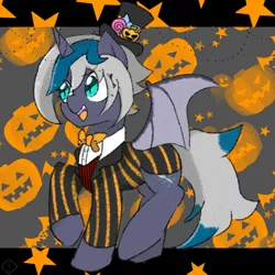 Size: 768x768 | Tagged: safe, artist:metaruscarlet, derpibooru import, oc, oc:elizabat stormfeather, unofficial characters only, alicorn, bat pony, bat pony alicorn, pony, alicorn oc, bat pony oc, bat wings, bowtie, clothes, female, halloween, hat, holiday, horn, image, jack-o-lantern, mare, open mouth, png, pumpkin, raised hoof, raised leg, shirt, solo, stars, suit, top hat, vest, wings